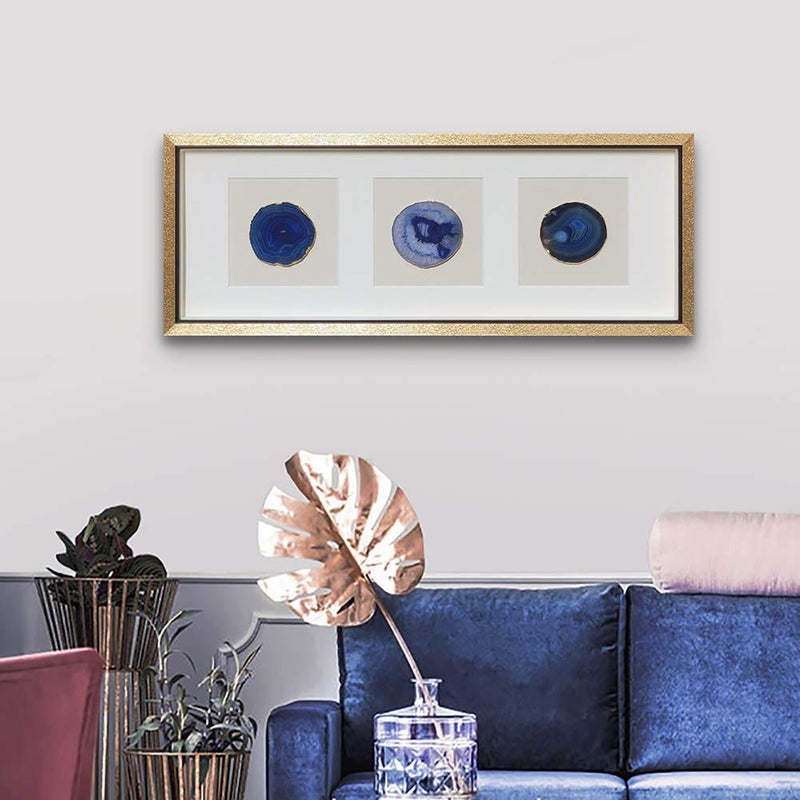 ARTECORS Modern 13x34 inch Trio Blue Agate Framed Wall Art 4 inch Golden Plated Geode Stone Artwork for Living Room Bedroom Home DÃ©cor - Image 2